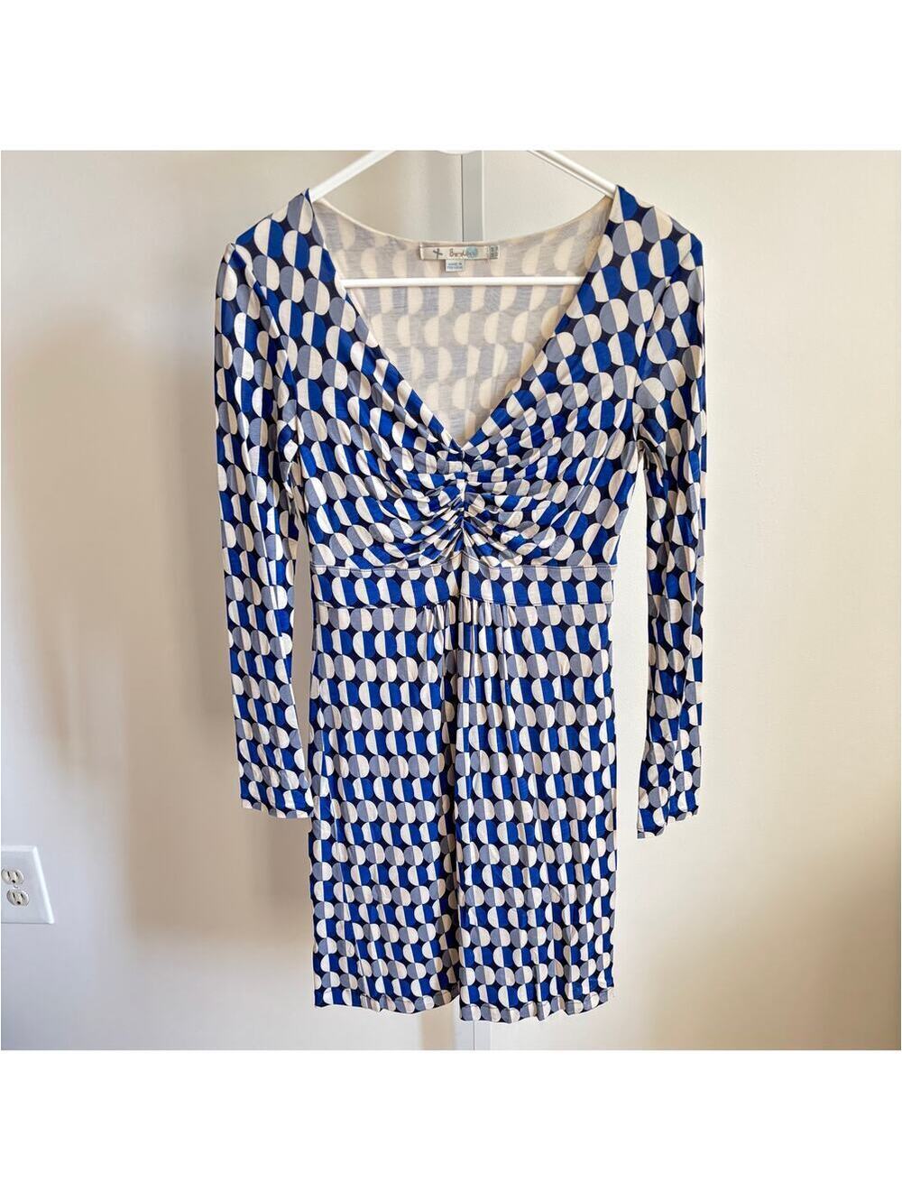Boden EUC Women's Blue Geo Print Ruched V-Neck Sheath Dress 2R